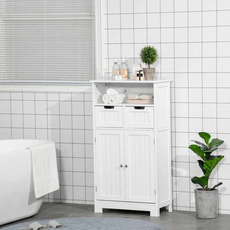 KLEANKIN Meuble Bas De Salle De Bain Multi-rangements Grande Niche 2 Tiroirs Placard Double Porte Avec étagère MDF Blanc 2 KLEANKIN Meuble Bas De Salle De Bain Multi-rangements Grande Niche 2 Tiroirs Placard Double Porte Avec étagère MDF Blanc – Image 2