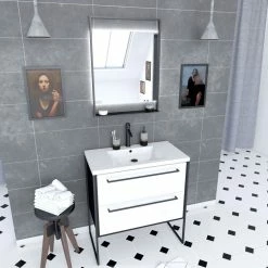 Aurlane Pack Meuble De Salle De Bain 80x50 Cm NOIR MAT - 2 Tiroirs Blanc - Vasque Blanche + Miroir LED