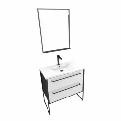 Aurlane Pack Meuble De Salle De Bain 80x50 Cm NOIR MAT - 2 Tiroirs Blanc - Vasque Blanche + Miroir LED -Paris Prix boutique B2CD 514