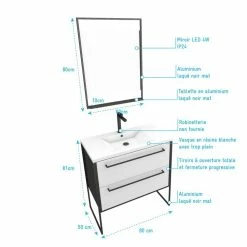 Aurlane Pack Meuble De Salle De Bain 80x50 Cm NOIR MAT - 2 Tiroirs Blanc - Vasque Blanche + Miroir LED -Paris Prix boutique B2CD 515