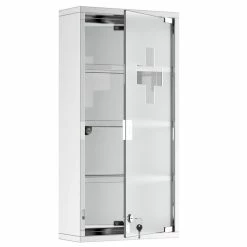HOMCOM Armoire à Pharmacie 3 étagères 4 Niveaux 30L X 12l X 60H Cm Porte Verre Trempé Symbole Croix Acier Inoxydable Brossé