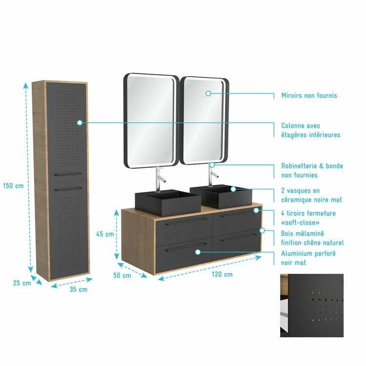 Aurlane Meuble De Salle De Bain - 120x45 + 2 Vasques Carrées Noire Mat + Colonne - UBY 120 4 Aurlane Meuble De Salle De Bain - 120x45 + 2 Vasques Carrées Noire Mat + Colonne - UBY 120 – Image 4
