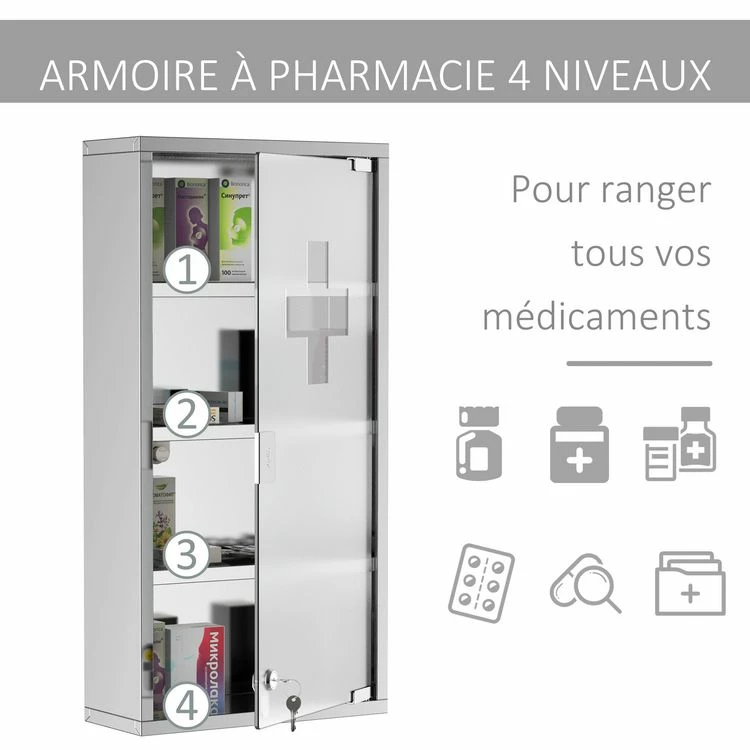 HOMCOM Armoire à Pharmacie 3 étagères 4 Niveaux 30L X 12l X 60H Cm Porte Verre Trempé Symbole Croix Acier Inoxydable Brossé 4 HOMCOM Armoire à Pharmacie 3 étagères 4 Niveaux 30L X 12l X 60H Cm Porte Verre Trempé Symbole Croix Acier Inoxydable Brossé – Image 4