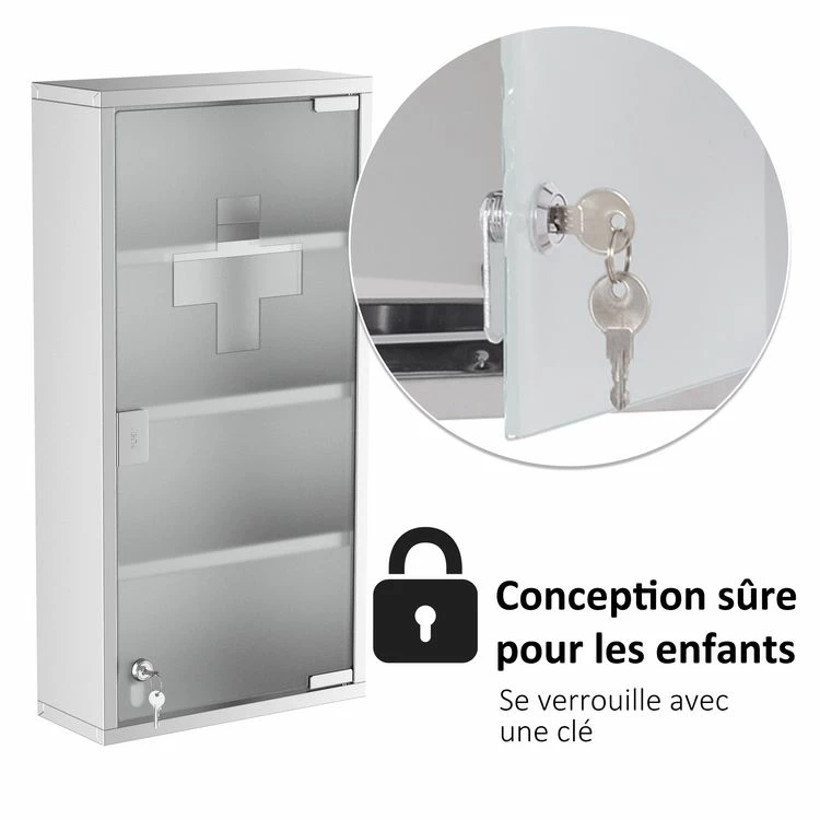 HOMCOM Armoire à Pharmacie 3 étagères 4 Niveaux 30L X 12l X 60H Cm Porte Verre Trempé Symbole Croix Acier Inoxydable Brossé 6 HOMCOM Armoire à Pharmacie 3 étagères 4 Niveaux 30L X 12l X 60H Cm Porte Verre Trempé Symbole Croix Acier Inoxydable Brossé – Image 6