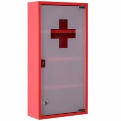 HOMCOM Armoire à Pharmacie 3 étagères 4 Niveaux Verrouillable Porte Verre Trempé Dépoli Logo Croix 30L X 12l X 60H Cm Acier Inox Rouge
