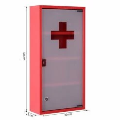 HOMCOM Armoire à Pharmacie 3 étagères 4 Niveaux Verrouillable Porte Verre Trempé Dépoli Logo Croix 30L X 12l X 60H Cm Acier Inox Rouge -Paris Prix boutique B2CD 536