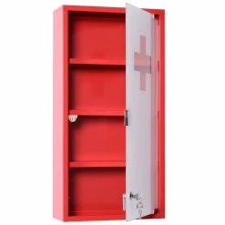 HOMCOM Armoire à Pharmacie 3 étagères 4 Niveaux Verrouillable Porte Verre Trempé Dépoli Logo Croix 30L X 12l X 60H Cm Acier Inox Rouge -Paris Prix boutique B2CD 537