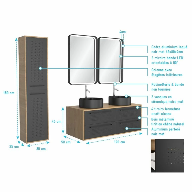 Aurlane Meuble De Salle De Bain Caisson + 2 Vasques Rondes + 2 Miroirs LED + 1 Colonne - UBY 120cm 4 Aurlane Meuble De Salle De Bain Caisson + 2 Vasques Rondes + 2 Miroirs LED + 1 Colonne - UBY 120cm – Image 4