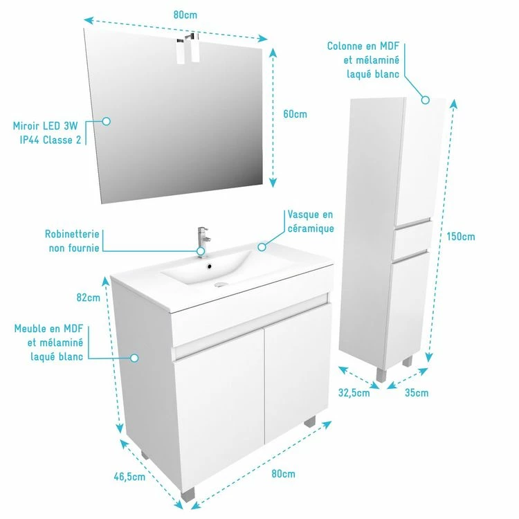 Aurlane Meuble De Salle De Bains Blanc 80cm Et Colonne - Vasque Céramique Blanche - Miroir Led 4 Aurlane Meuble De Salle De Bains Blanc 80cm Et Colonne - Vasque Céramique Blanche - Miroir Led – Image 4