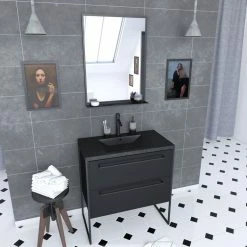 Aurlane Meuble De Salle De Bain 80x50 Cm - 2 Tiroirs Noir Mat - Vasque Résine Noire Effet Pierre + Miroir