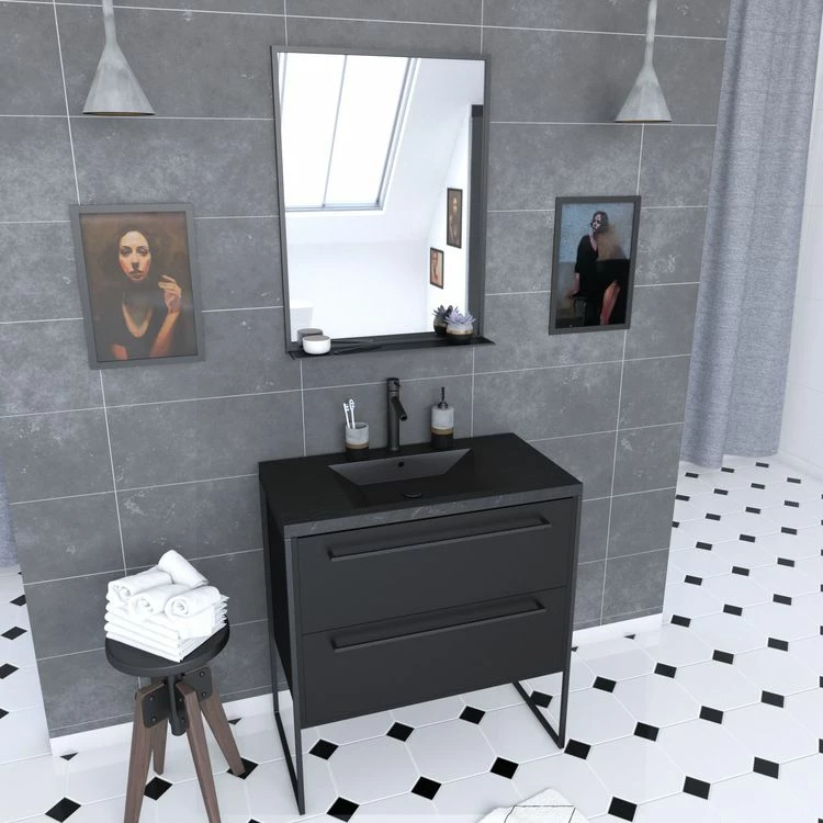 Aurlane Meuble De Salle De Bain 80x50 Cm - 2 Tiroirs Noir Mat - Vasque Résine Noire Effet Pierre + Miroir 1 Aurlane Meuble De Salle De Bain 80x50 Cm - 2 Tiroirs Noir Mat - Vasque Résine Noire Effet Pierre + Miroir