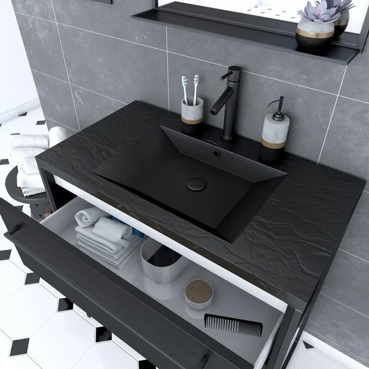 Aurlane Meuble De Salle De Bain 80x50 Cm - 2 Tiroirs Noir Mat - Vasque Résine Noire Effet Pierre + Miroir 2 Aurlane Meuble De Salle De Bain 80x50 Cm - 2 Tiroirs Noir Mat - Vasque Résine Noire Effet Pierre + Miroir – Image 2