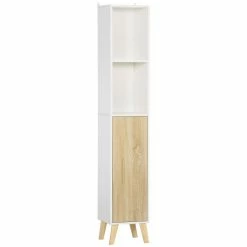 KLEANKIN Colonne De Salle De Bain Meuble De Rangement En MDF Blanc Et Effet Bois Avec 1 Porte Et 2 étagères 31 X 30 X 177 Cm