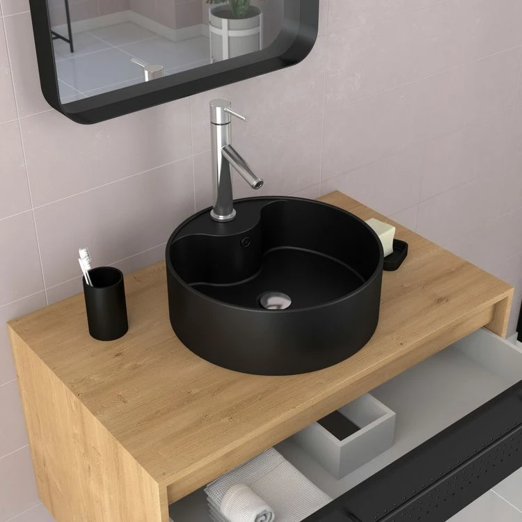 Aurlane Meuble De Salle De Bain - 80x45x53cm Finition Chêne Naturel + 2 Tiroirs Noir Mat + Vasque Noir Mat 4 Aurlane Meuble De Salle De Bain - 80x45x53cm Finition Chêne Naturel + 2 Tiroirs Noir Mat + Vasque Noir Mat – Image 4