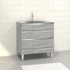 Aurlane Pack Meuble De Salle De Bain 80x50 Cm Chêne Gris-blanc - 2 Tiroirs - Vasque En Verre Argent