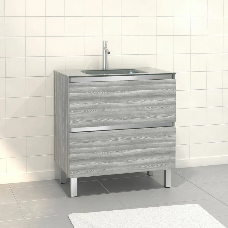 Aurlane Pack Meuble De Salle De Bain 80x50 Cm Chêne Gris-blanc - 2 Tiroirs - Vasque En Verre Argent 1 Aurlane Pack Meuble De Salle De Bain 80x50 Cm Chêne Gris-blanc - 2 Tiroirs - Vasque En Verre Argent