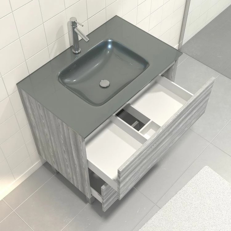 Aurlane Pack Meuble De Salle De Bain 80x50 Cm Chêne Gris-blanc - 2 Tiroirs - Vasque En Verre Argent 2 Aurlane Pack Meuble De Salle De Bain 80x50 Cm Chêne Gris-blanc - 2 Tiroirs - Vasque En Verre Argent – Image 2