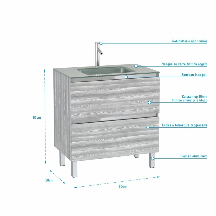 Aurlane Pack Meuble De Salle De Bain 80x50 Cm Chêne Gris-blanc - 2 Tiroirs - Vasque En Verre Argent 4 Aurlane Pack Meuble De Salle De Bain 80x50 Cm Chêne Gris-blanc - 2 Tiroirs - Vasque En Verre Argent – Image 4