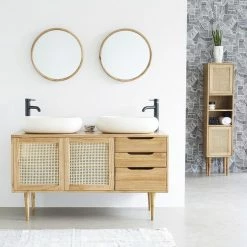 BOIS DESSUS BOIS DESSOUS Meuble Double Vasque En Mindi Massif Et Cannage 135 Cm