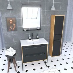 Aurlane Pack Meuble SDB 80cm Sur Pieds 2 Tiroirs Noir_Vasque Resine Blanche + Miroir Led + Colonne 150cm