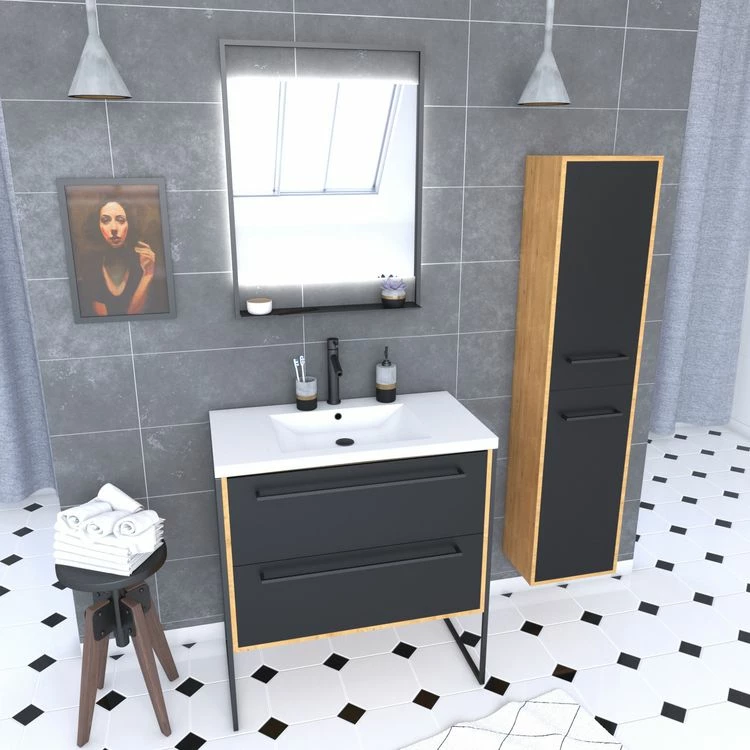 Aurlane Pack Meuble SDB 80cm Sur Pieds 2 Tiroirs Noir_Vasque Resine Blanche + Miroir Led + Colonne 150cm 1 Aurlane Pack Meuble SDB 80cm Sur Pieds 2 Tiroirs Noir_Vasque Resine Blanche + Miroir Led + Colonne 150cm