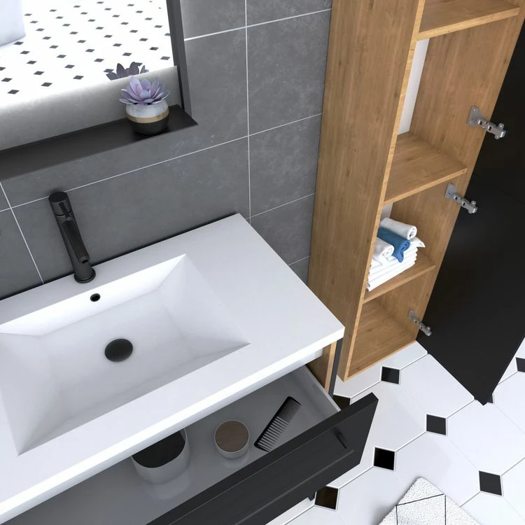 Aurlane Pack Meuble SDB 80cm Sur Pieds 2 Tiroirs Noir_Vasque Resine Blanche + Miroir Led + Colonne 150cm 2 Aurlane Pack Meuble SDB 80cm Sur Pieds 2 Tiroirs Noir_Vasque Resine Blanche + Miroir Led + Colonne 150cm – Image 2