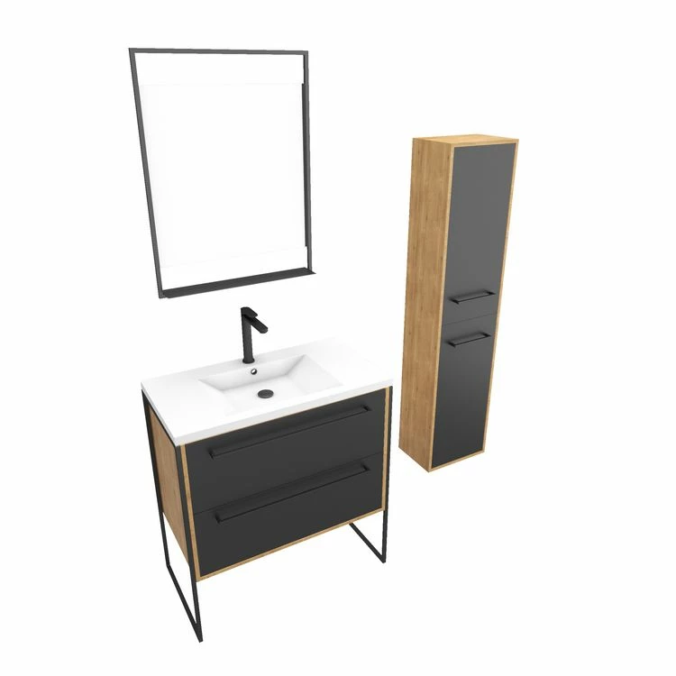 Aurlane Pack Meuble SDB 80cm Sur Pieds 2 Tiroirs Noir_Vasque Resine Blanche + Miroir Led + Colonne 150cm 3 Aurlane Pack Meuble SDB 80cm Sur Pieds 2 Tiroirs Noir_Vasque Resine Blanche + Miroir Led + Colonne 150cm – Image 3