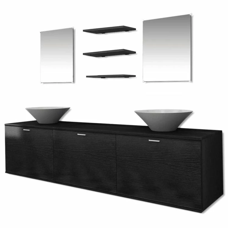 VIDAXL 8 Pieces De Mobilier De Salle De Bain Et Lavabo Noir 2 VIDAXL 8 Pieces De Mobilier De Salle De Bain Et Lavabo Noir – Image 2