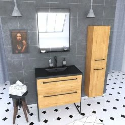 Aurlane Meuble De Salle De Bain 80x50cm - Tiroirs ChĂȘne Brun - Vasque Noire Effet Pierre - Colonne - Miroir