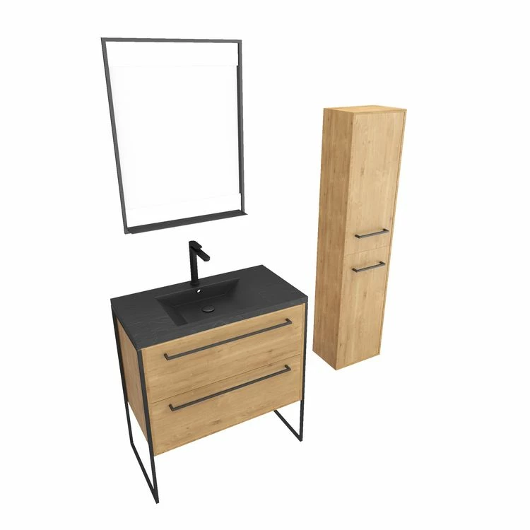 Aurlane Meuble De Salle De Bain 80x50cm - Tiroirs Chêne Brun - Vasque Noire Effet Pierre - Colonne - Miroir 3 Aurlane Meuble De Salle De Bain 80x50cm - Tiroirs Chêne Brun - Vasque Noire Effet Pierre - Colonne - Miroir – Image 3