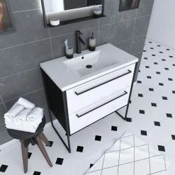 Aurlane Meuble De Salle De Bain 80x50cm NOIR MAT - 2 Tiroirs Blanc - Vasque Blanche - STRUCTURA F034