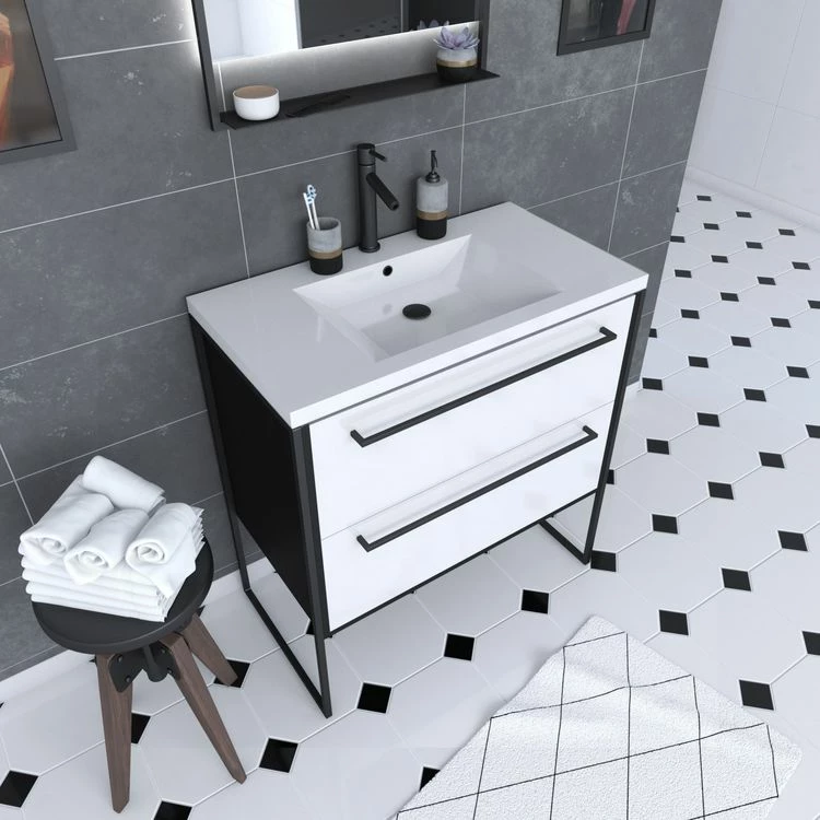 Aurlane Meuble De Salle De Bain 80x50cm NOIR MAT - 2 Tiroirs Blanc - Vasque Blanche - STRUCTURA F034 1 Aurlane Meuble De Salle De Bain 80x50cm NOIR MAT - 2 Tiroirs Blanc - Vasque Blanche - STRUCTURA F034