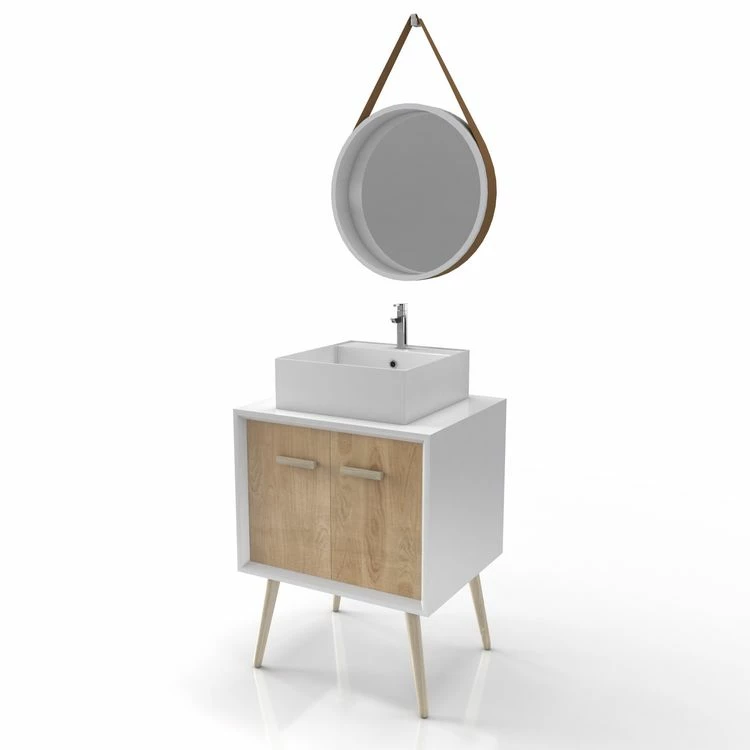 Aurlane MEUBLE SALLE DE BAIN SCANDINAVE BLANC ET BOIS 60 CM SUR PIEDS , VASQUE A POSER ET MIROIR ROND 2 Aurlane MEUBLE SALLE DE BAIN SCANDINAVE BLANC ET BOIS 60 CM SUR PIEDS , VASQUE A POSER ET MIROIR ROND – Image 2