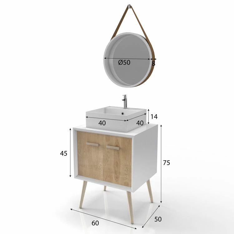 Aurlane MEUBLE SALLE DE BAIN SCANDINAVE BLANC ET BOIS 60 CM SUR PIEDS , VASQUE A POSER ET MIROIR ROND 4 Aurlane MEUBLE SALLE DE BAIN SCANDINAVE BLANC ET BOIS 60 CM SUR PIEDS , VASQUE A POSER ET MIROIR ROND – Image 4