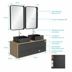 Aurlane Meuble De Salle De Bain - 120x45 + 2 Miroirs 80x45 + 2 Vasques Carrées Noire Mat - UBY 120 7 Aurlane Meuble De Salle De Bain - 120x45 + 2 Miroirs 80x45 + 2 Vasques Carrées Noire Mat - UBY 120 -Paris Prix boutique B2CD 621