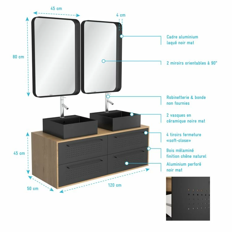 Aurlane Meuble De Salle De Bain - 120x45 + 2 Miroirs 80x45 + 2 Vasques Carrées Noire Mat - UBY 120 4 Aurlane Meuble De Salle De Bain - 120x45 + 2 Miroirs 80x45 + 2 Vasques Carrées Noire Mat - UBY 120 – Image 4
