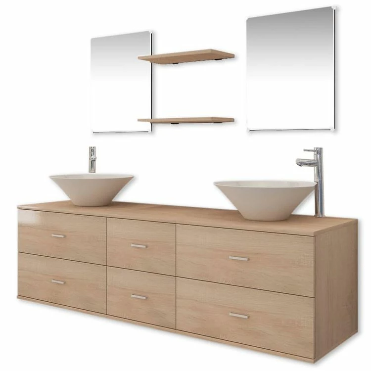 VIDAXL Meuble De Salle De Bain 9 Pcs Avec Lavabo Et Robinet Beige 2 VIDAXL Meuble De Salle De Bain 9 Pcs Avec Lavabo Et Robinet Beige – Image 2