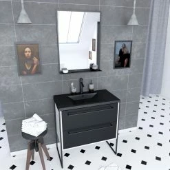 Aurlane Meuble De Salle De Bain 80x50 Cm Blanc - 2 Tiroirs Noir Mat - Vasque Noire Effet Pierre - Miroir LED