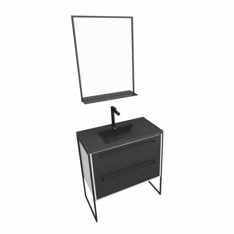 Aurlane Meuble De Salle De Bain 80x50 Cm Blanc - 2 Tiroirs Noir Mat - Vasque Noire Effet Pierre - Miroir LED 3 Aurlane Meuble De Salle De Bain 80x50 Cm Blanc - 2 Tiroirs Noir Mat - Vasque Noire Effet Pierre - Miroir LED – Image 3