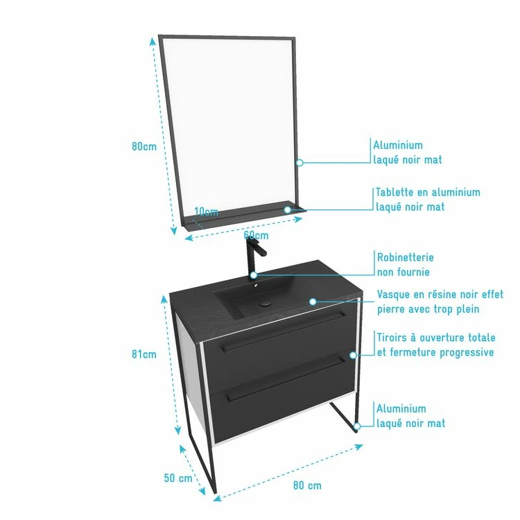 Aurlane Meuble De Salle De Bain 80x50 Cm Blanc - 2 Tiroirs Noir Mat - Vasque Noire Effet Pierre - Miroir LED 4 Aurlane Meuble De Salle De Bain 80x50 Cm Blanc - 2 Tiroirs Noir Mat - Vasque Noire Effet Pierre - Miroir LED – Image 4