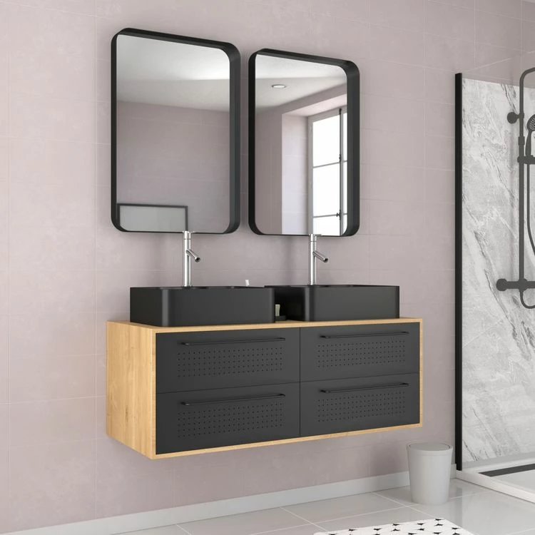Aurlane Pack Meuble SDB 120cm Suspendu 4 Tiroirs_2 Vasques Noires Rectangles + 2 Miroirs - UBY 120 1 Aurlane Pack Meuble SDB 120cm Suspendu 4 Tiroirs_2 Vasques Noires Rectangles + 2 Miroirs - UBY 120