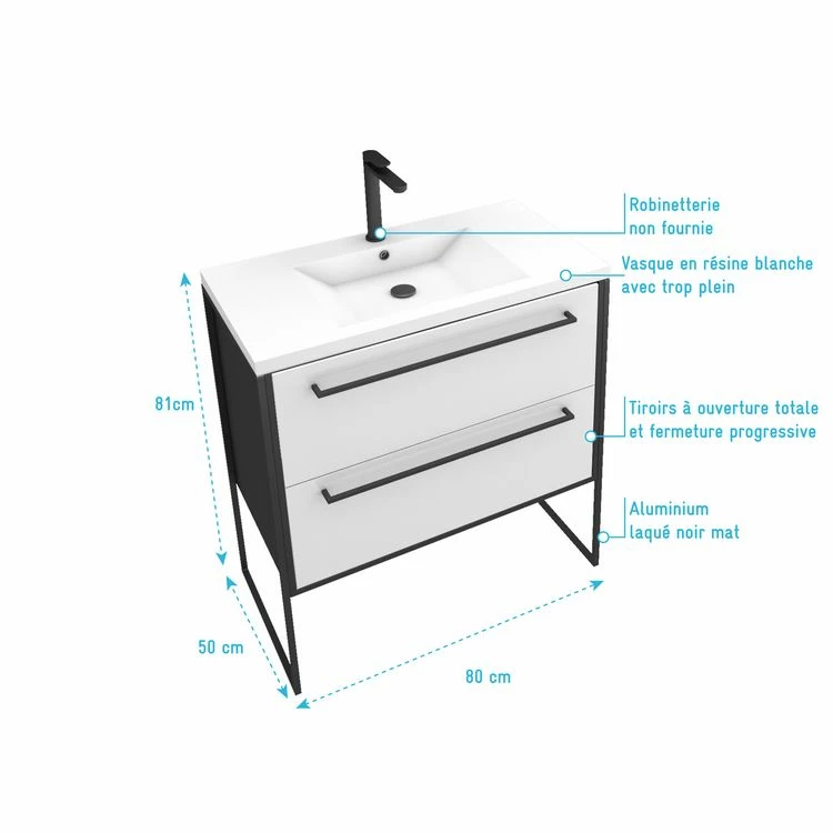 Aurlane Meuble De Salle De Bain 80x50cm NOIR MAT - 2 Tiroirs Blanc - Vasque Blanche - STRUCTURA F034 4 Aurlane Meuble De Salle De Bain 80x50cm NOIR MAT - 2 Tiroirs Blanc - Vasque Blanche - STRUCTURA F034 – Image 4