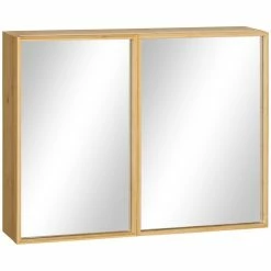 KLEANKIN Miroir De Salle De Bain Avec Placard 2 Portes - 2 étagères - Bois De Bambou Verni
