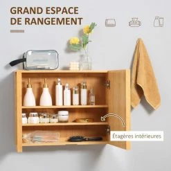 KLEANKIN Miroir De Salle De Bain Avec Placard 2 Portes - 2 étagères - Bois De Bambou Verni -Paris Prix boutique B2CD 650