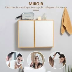 KLEANKIN Miroir De Salle De Bain Avec Placard 2 Portes - 2 étagères - Bois De Bambou Verni -Paris Prix boutique B2CD 652