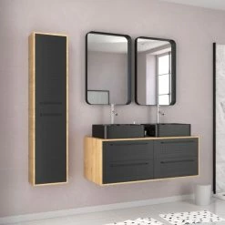 Aurlane Pack Meuble SDB 120cm Suspendu 4 Tiroirs_2 Vasques Noires Rectangles + Miroirs + Colonne - UBY 120