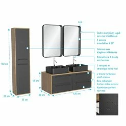 Aurlane Pack Meuble SDB 120cm Suspendu 4 Tiroirs_2 Vasques Noires Rectangles + Miroirs + Colonne - UBY 120 -Paris Prix boutique B2CD 676