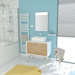 Aurlane MEUBLE SALLE DE BAIN SCANDINAVE BLANC ET BOIS NATUREL 80 CM AVEC TIROIRS, VASQUE A POSER - MIROIR