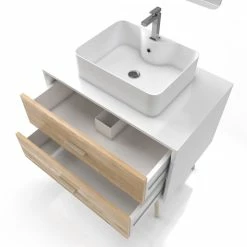Aurlane MEUBLE SALLE DE BAIN SCANDINAVE BLANC ET BOIS NATUREL 80 CM AVEC TIROIRS, VASQUE A POSER - MIROIR -Paris Prix boutique B2CD 679