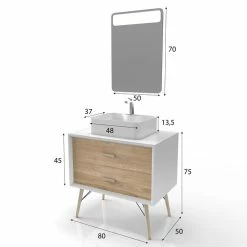 Aurlane MEUBLE SALLE DE BAIN SCANDINAVE BLANC ET BOIS NATUREL 80 CM AVEC TIROIRS, VASQUE A POSER - MIROIR -Paris Prix boutique B2CD 680